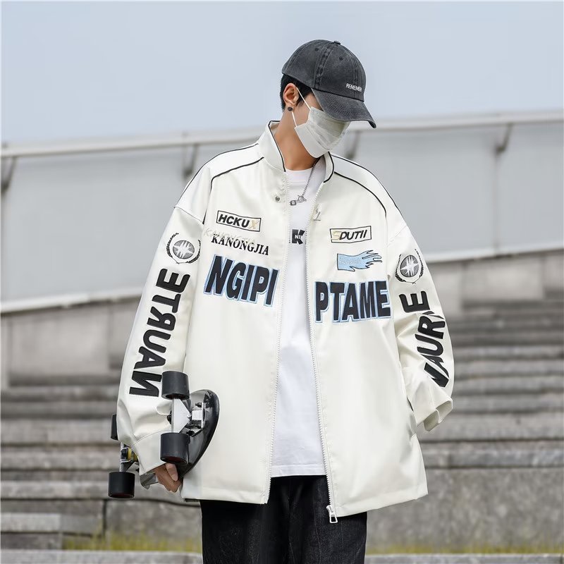 Áo Khoác Bóng Chày Chất Liệu Da Dáng Rộng Thêu Họa Tiết Cá Tính Cho Nam
