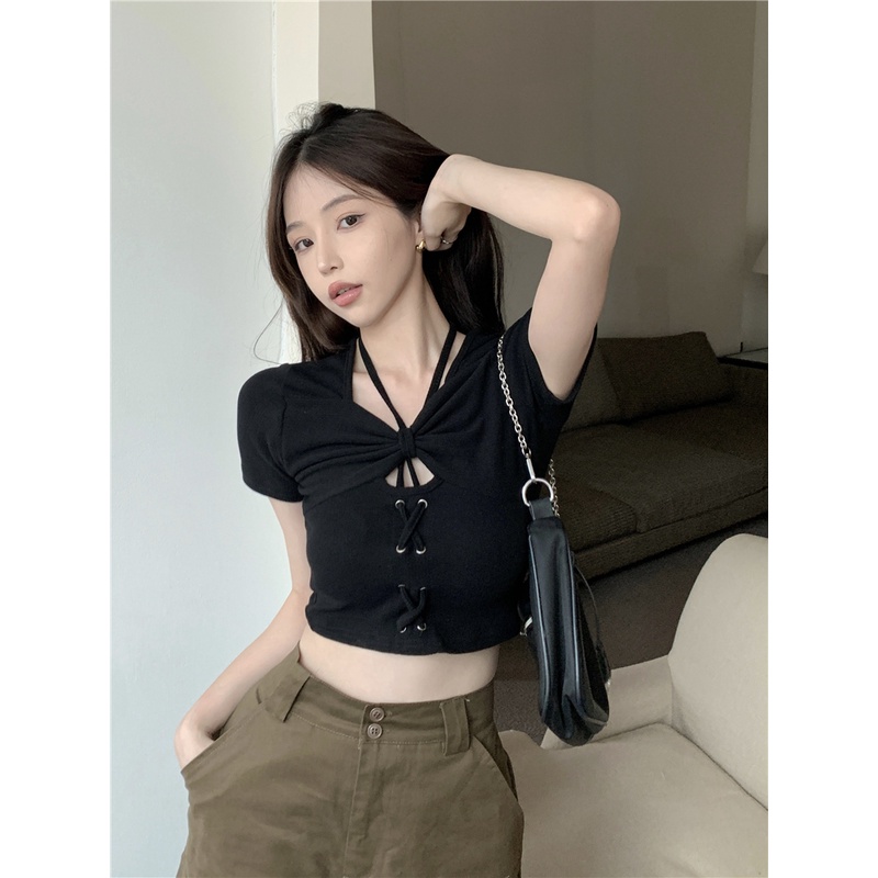 Áo thun ZHELIHANGFEI tay ngắn dáng ôm màu sắc đơn giản quyến rũ cho nữ