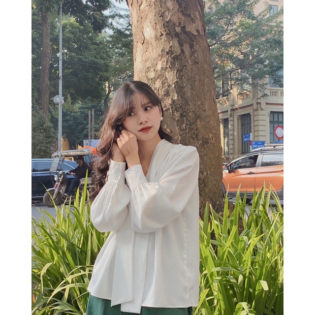 Nimi - Áo lụa vân gỗ dây nơ mặc được hai kiểu Silky ribbon blouse