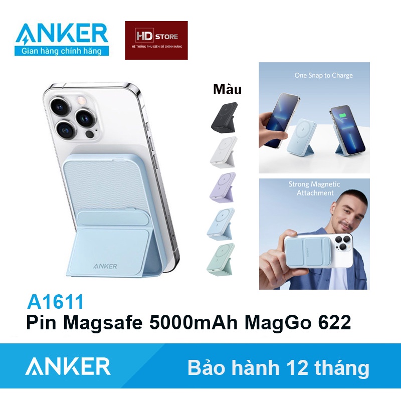 Sạc dự phòng Anker 5000mAh MagGo 622 Magnetic Battery Từ Tính Không Dây Hít Lưng - Mã A1611 Chân Gập Đế đứng