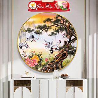 Tranh tráng gương pha lê tròn chân thiện mỹ, decor treo tường trang trí phòng tùng hạc diên niên tg-t1-225