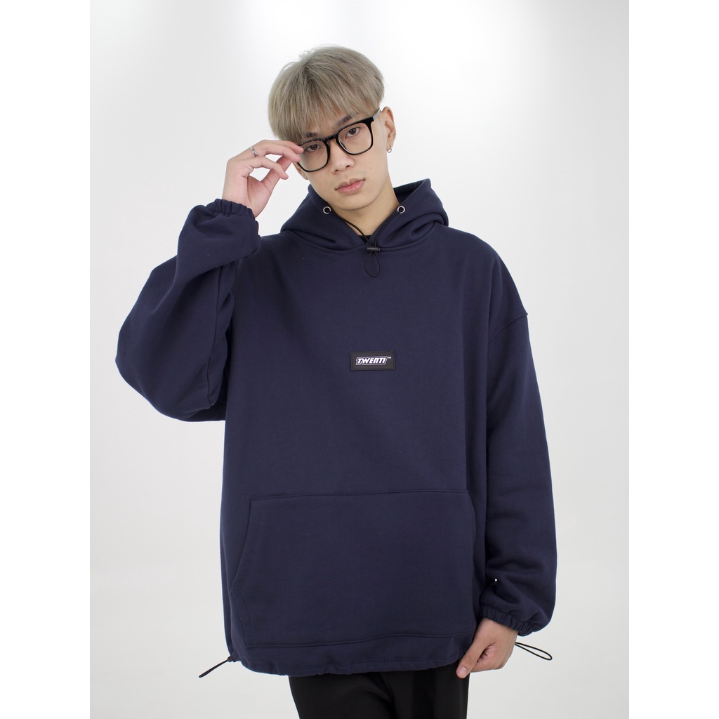 Áo Hoodie TWENTI Nỉ Cotton Trơn Logo Dây Rút