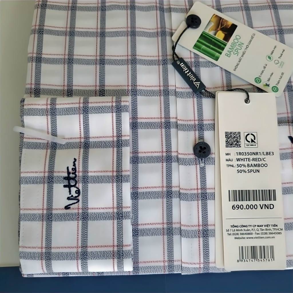 Aó sơ mi nam Việt Tiến dài tay mã 1R0350NR1 ,chính hãng , cao cấp  - form suông REGULAR - tà bầu,. SHOP HỨA