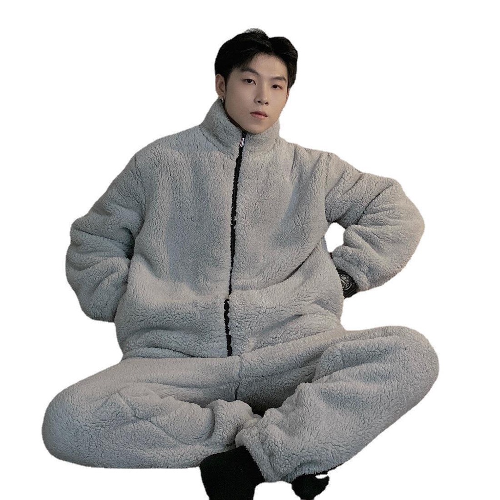 Bộ Đồ Ngủ Vải Lông Cừu San Hô Dày Dặn Thời Trang Thu Đông Cho Nam