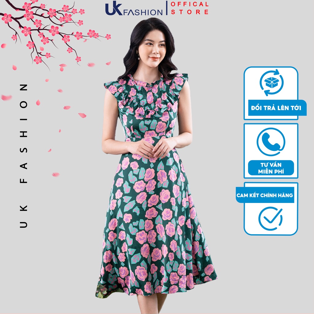Đầm Dáng Xòe Nữ UK Fashion Thiết Kế Sát Nách Cổ Bèo Họa Tiết Thời Trang, Chất Vải Mềm Mịn NKDV2204008