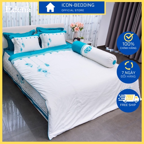 Trọn Bộ Chăn Ga Gối Edena Cotton Solid 374- Màu Xanh Sang Trọng, Cao Cấp - Chính Hãng By ICON-BEDDING