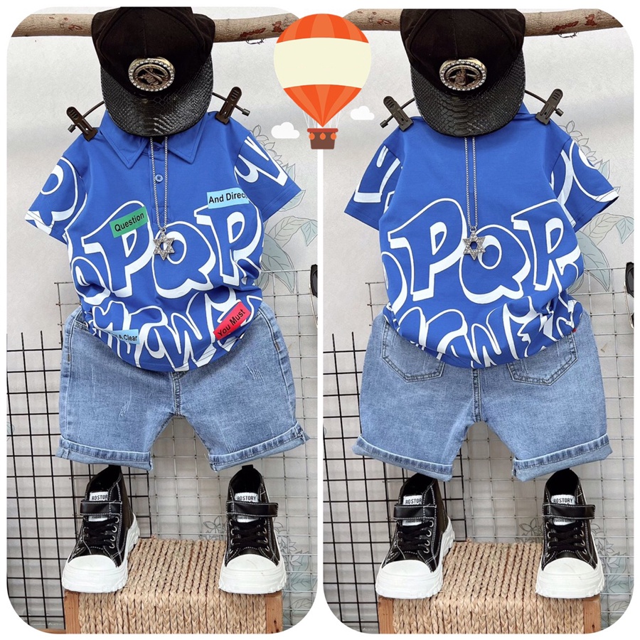 Quần áo bé trai, bộ jean cổ trụ chữ PQ sành điệu cho bé trai từ 10 đến 55 kg