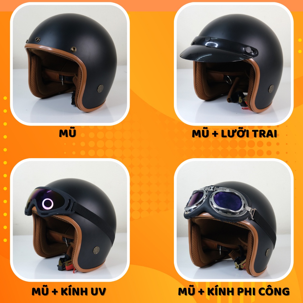 Mũ bảo hiểm 3/4 đầu màu đen nhám, freesize, Thế Giới Mũ Bảo Hiểm