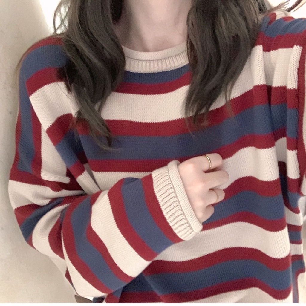 Áo Sweater Dệt Kim Tay Dài Dáng Rộng Cổ Tròn Kẻ Sọc Kiểu Retro Thời Trang Mùa Thu Cho Nữ