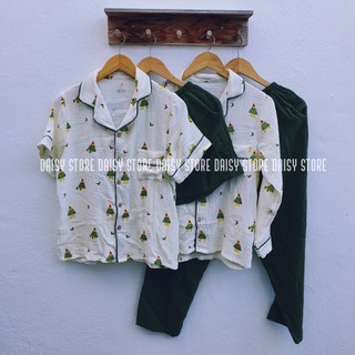 Pyjama mặc nhà xô muslin họa tiết cây thông