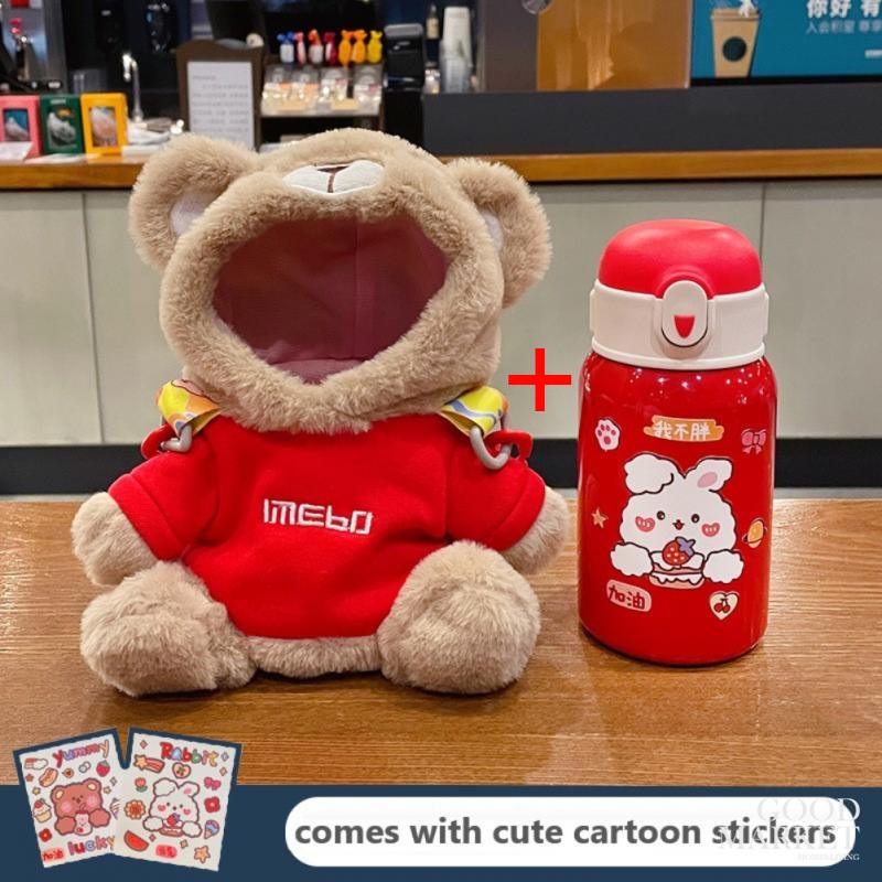 Bình Nước Giữ Nhiệt 450ml Bằng Thép Không Gỉ Hình Gấu Dễ Thương Kèm Ống Hút