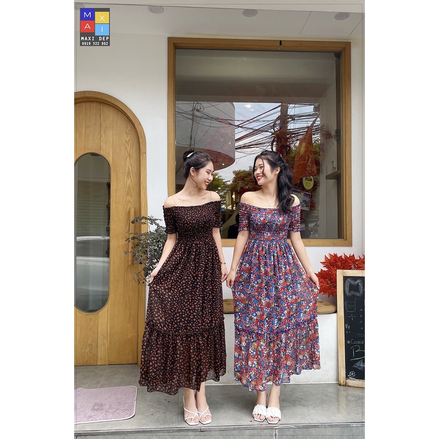 Đầm Trễ Vai Maxi Hoa Đa Sắc Và Chấm Bi Cam Freesize Dưới 55kg