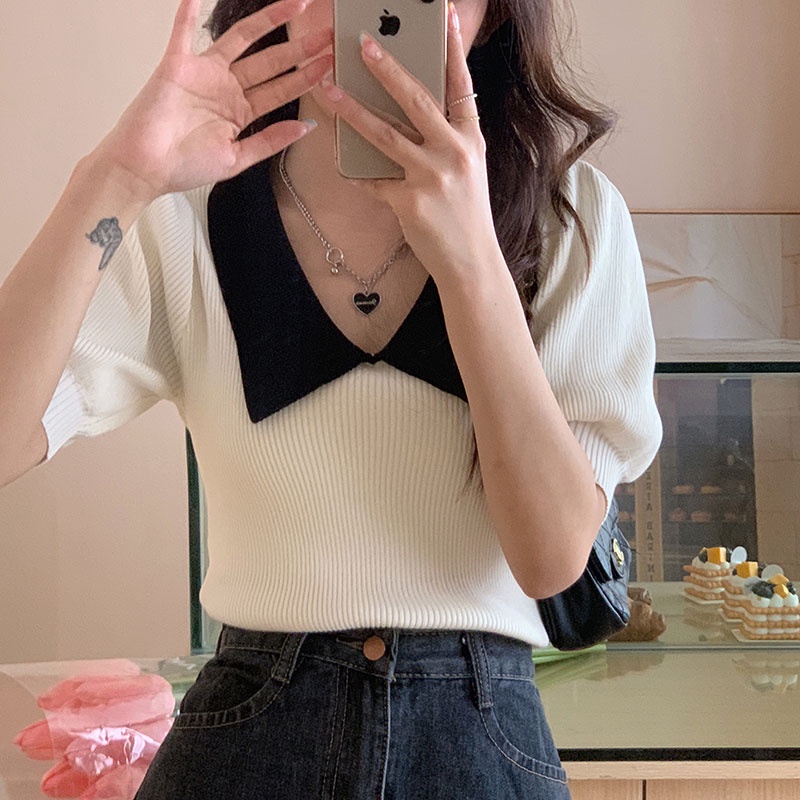 Áo Thun POLO Dệt Kim Tay Ngắn Màu Tương Phản Thời Trang Hàn Quốc Cho Nữ