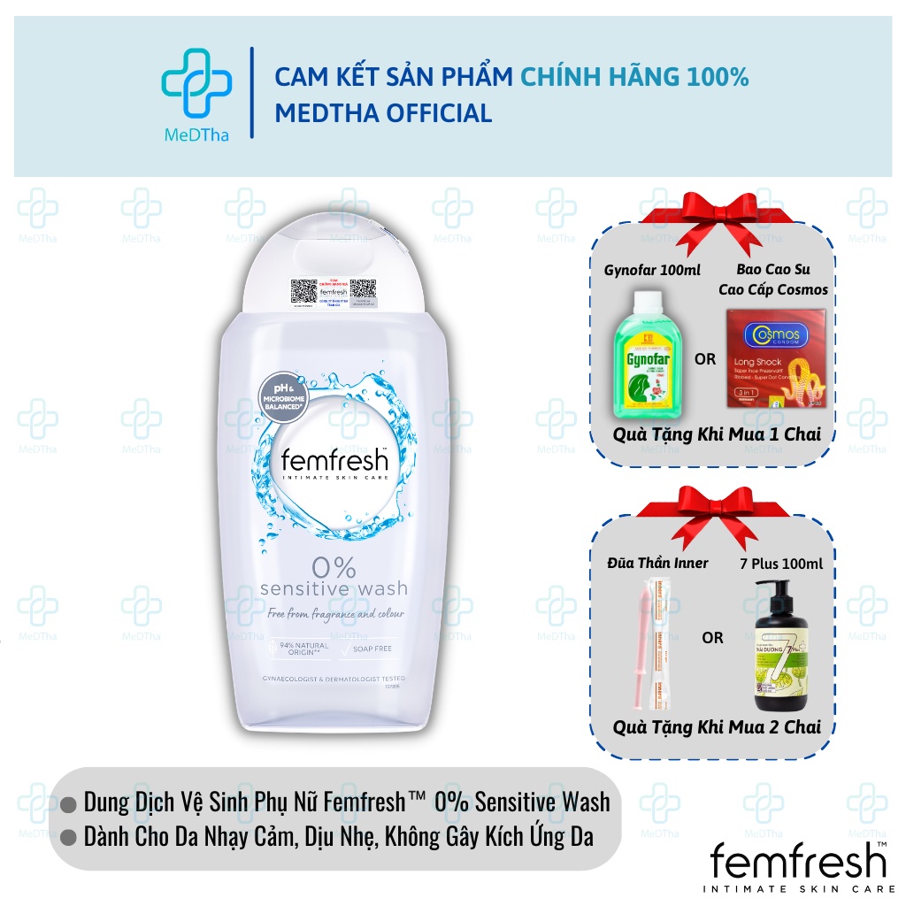 Dung Dịch Vệ Sinh Femfresh 0% Sensitive Intimate Wash (Femfresh Xám) -  Dịu Da, Không Gây Kích Ứng (250ml) [UK]