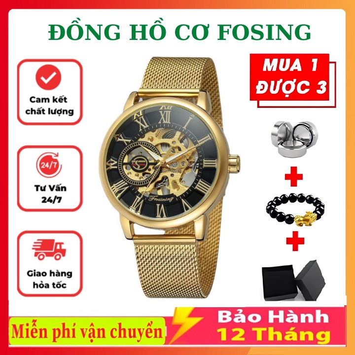 Đồng Hồ Cơ Nam Forshing Dây Lụa Cao Cấp Chống Nước.Tặng Kèm vòng Tay và Hộp