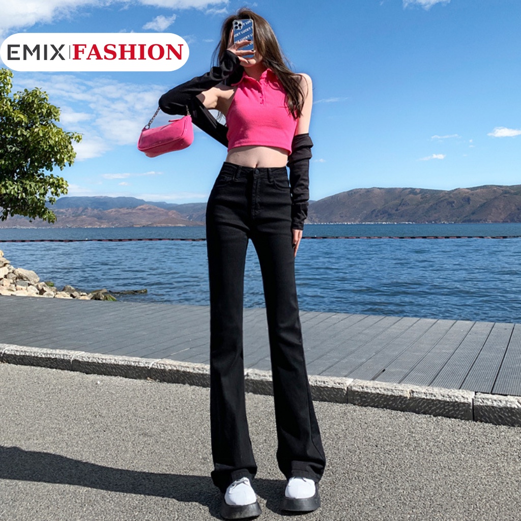 Quần jean ống loe EMIX (2 màu), basic trouser, dáng dài 100cm, lưng cao co giãn, ống ôm và loe, chất vải jeans mềm 97