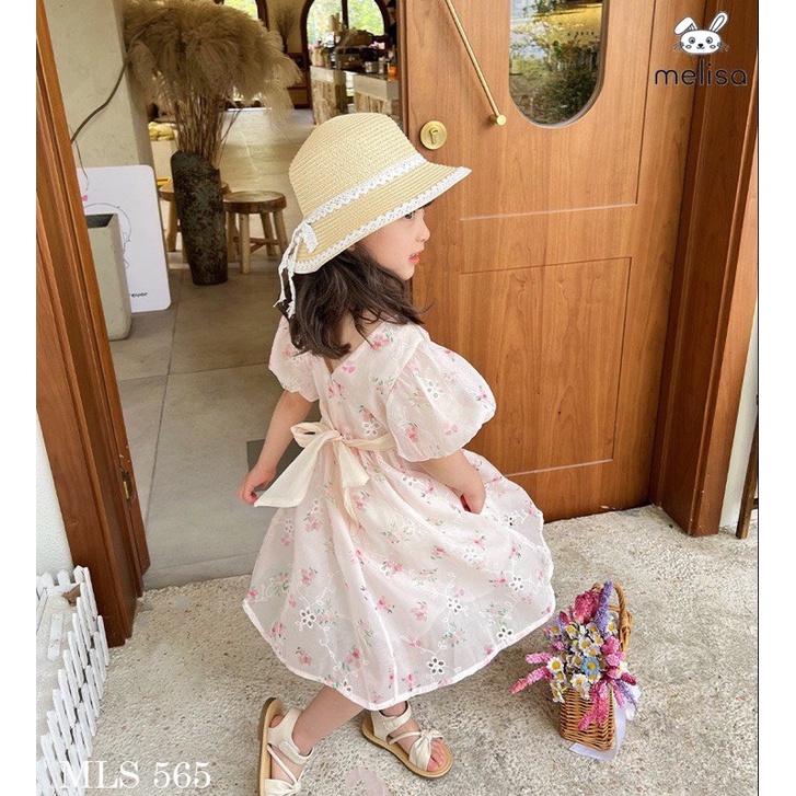 Đầm Melisa hồng hoa nhí tay bồng hồng chất tơ thêu