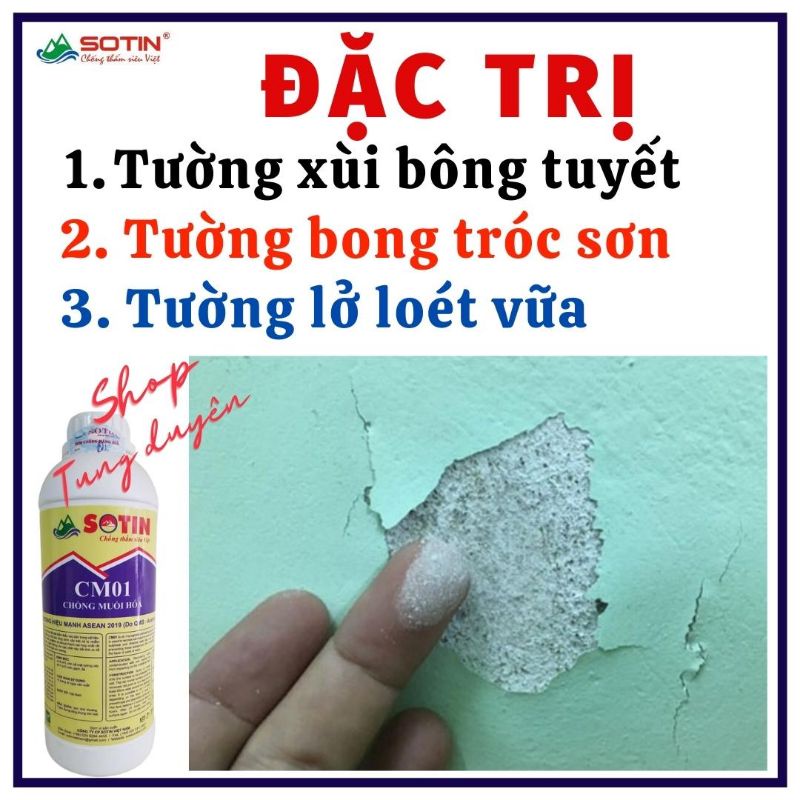 Lọ 1 lít CM01 SOTIN cao cấp, Dung dịch xử lý tường xùi bông tuyết và bong tróc bề mặt sơn.