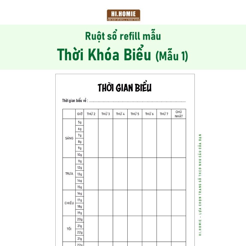 Thời khóa biểu tối giản - Mẫu 1 | Ruột sổ còng, giấy refill A5, A4 - Hi Homie