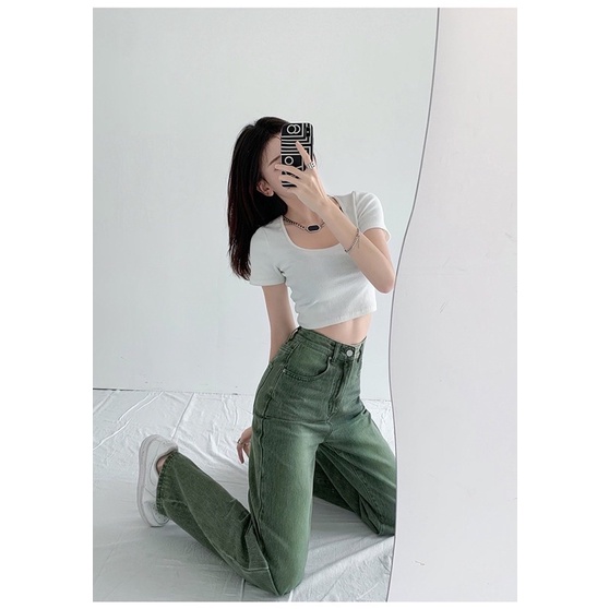 Quần Jean ống rộng trơn màu xanh lá lạ hót
