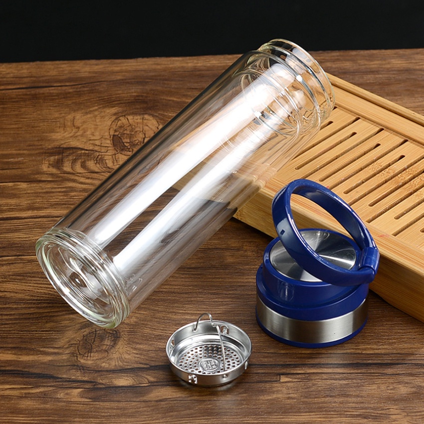 Bình Thuỷ Tinh Lọc Trà 2 Lớp Giữ Nhiệt Có Móc Cầm Dung Tích 420ml Cao Cấp TI0406b