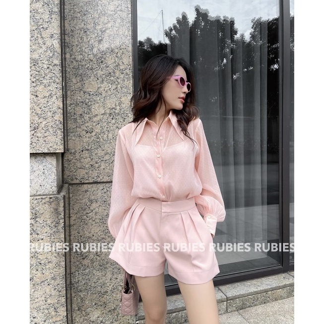 Áo sơ mi organza hồng nude freesize from rubies.sg