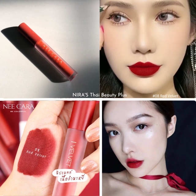 Son kem nhung lì Nee Cara Velvet Matte Lip Glaze Thái Lan màu 08 Red Velvet đỏ thuần