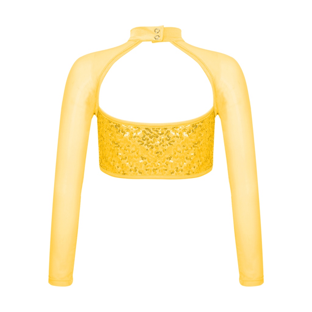 Trẻ Em Bé Gái Thời Trang Quần Áo Dài Tay Cổ Tròn Rỗng Sáng Bóng Kim Sa Lấp Lánh Trang Trí Khiêu Vũ Crop Top