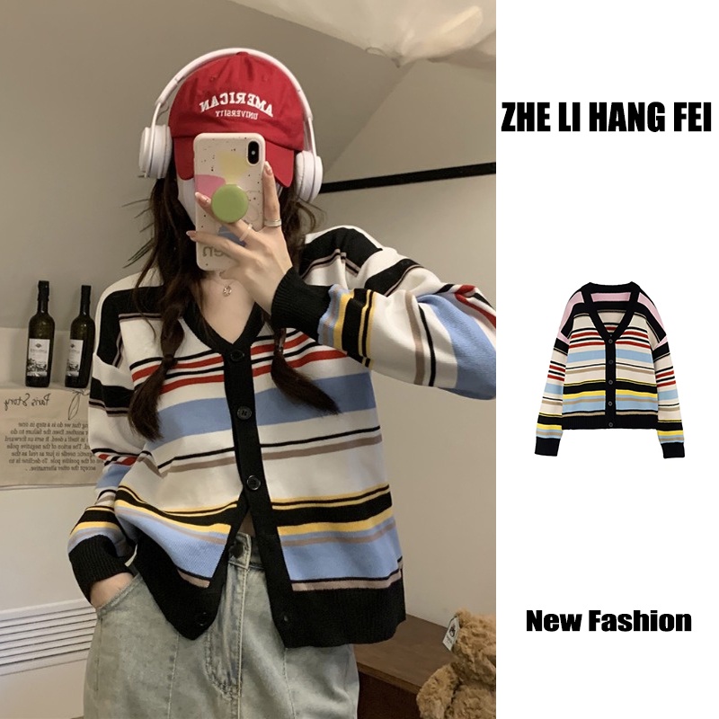 Áo khoác cardigan ZHELIHANGFEI dệt kim tay dài cổ chữ V lưng cao họa tiết kẻ sọc cầu vồng thời trang