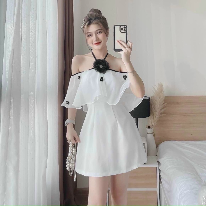 Đầm thời trang nữ mặc đi chơi chất cotton lạnh phối voan dây cổ đính hoa trễ vai màu trắng