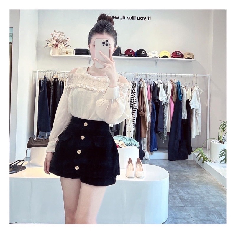 Quần Sooc Nhung Khuy Vàng Giả Váy, Quần Giả Váy Siêu Xinh