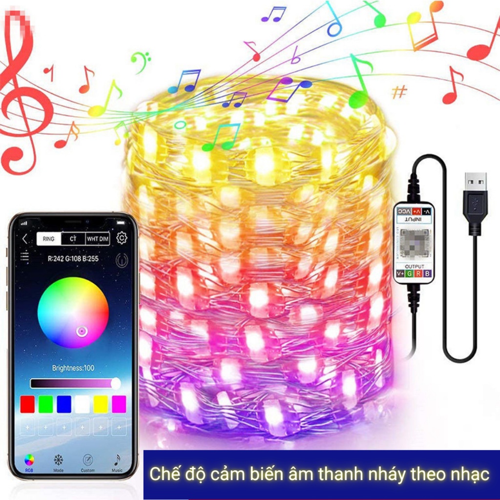 Dây đèn led,đèn fairy light giọt lệ 16 trệu màu 10M Nháy theo nhạc chống nước IP67 chỉnh app Điện Thoại,trang trí tết