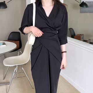 [ORDER] Meiyin__Đầm sơ mi chic công sơ xoắn eo hai màu đen mơ Hàn Quố