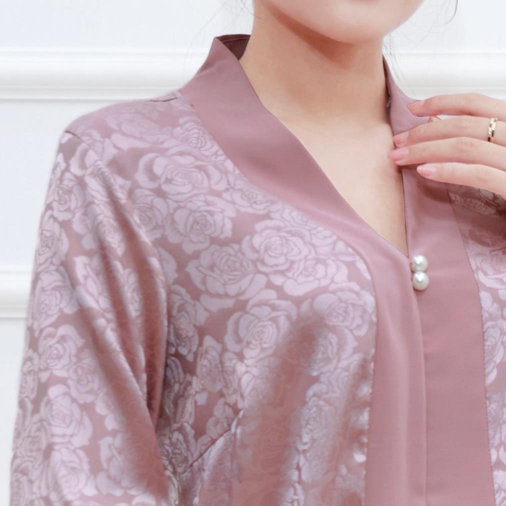 Mặc Nhà Nữ Sang Trọng Chất Gấm Cao Cấp Cổ Chui Tay Lững Có Túi Pijama Lụa Cho Mẹ 3359 3360