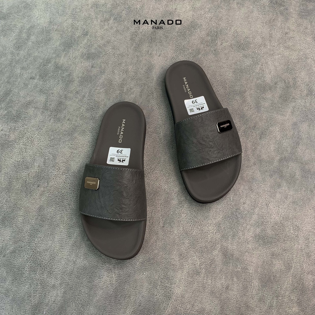 Dép da nam quai ngang cao cấp Manado Mã MND02 màu xám fullbox, quai da mềm mại, đế cao su thiết kế chắc chắn