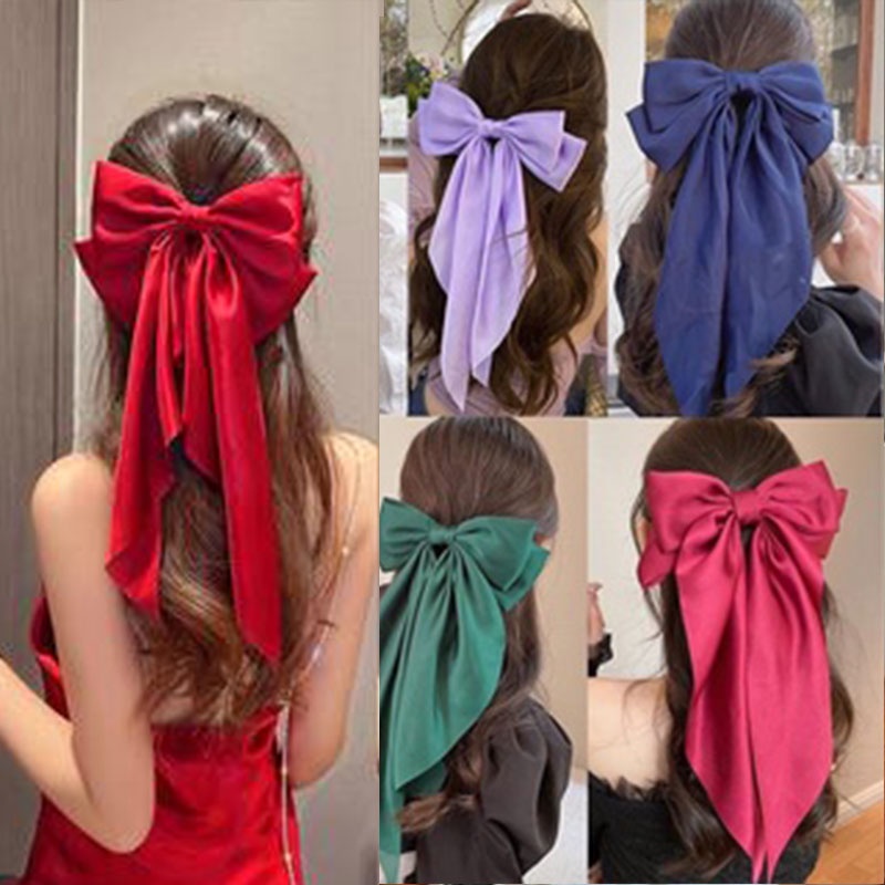 Kẹp tóc đính nơ ruy băng cỡ lớn màu đen phong cách Hàn Quốc cho nữ