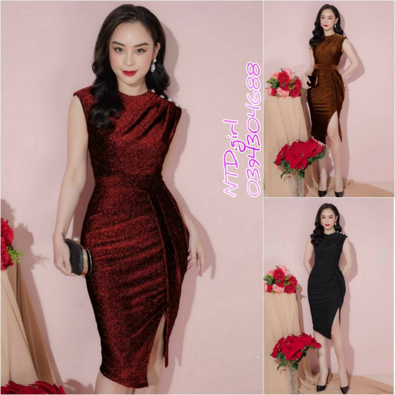 Thiết kế - Đầm dáng ôm thun nhũ kim tuyến không tay đính hạt, váy body dự tiệc tà xẻ lệch sang trọng