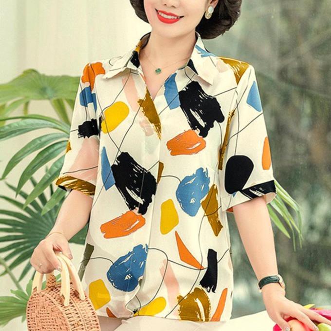 - Áo Trung Niên Nữ Cao Cấp U50-60 Size Lớn Dạng Cổ Sơ Mi Tay Lỡ In Họa Tiết Sắc Màu 3A30 3A01 3A06