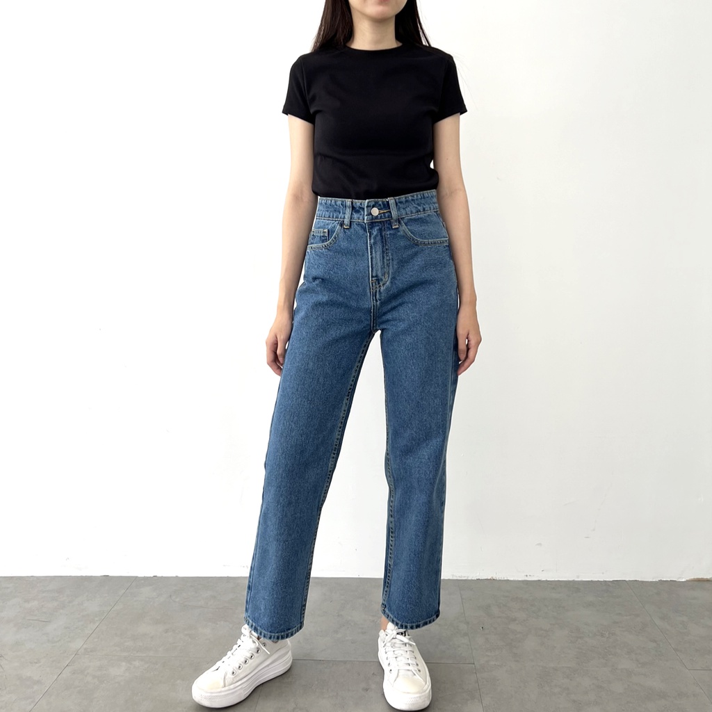 Quần Ống Đứng Jeans Nữ Lưng Cao Form Basic Màu Xanh Đậm Rede - Jeans VNXK B-03,Mom Jeans Nữ Lưng Cao M-02B, M-02E, M-03