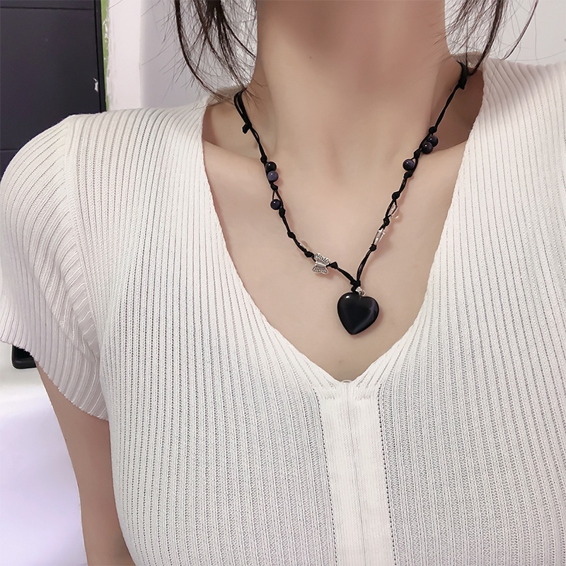 Vòng cổ Mặt Hình Trái Tim Đính Đá Opal Màu Đen Phong Cách Hàn Quốc Ngọt Ngào