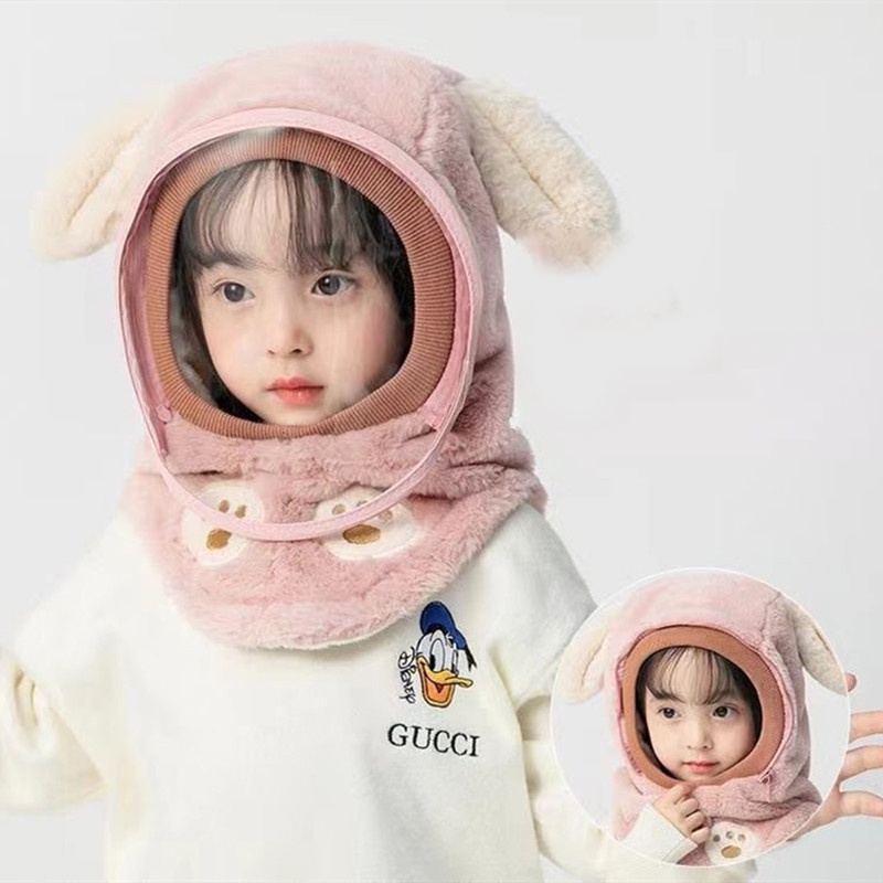 Mũ Trùm Tai Dày Dặn Chống Gió Dễ Thương Kèm Tấm Chắn Trong Suốt Giữ Ấm Mùa Đông Cho Bé