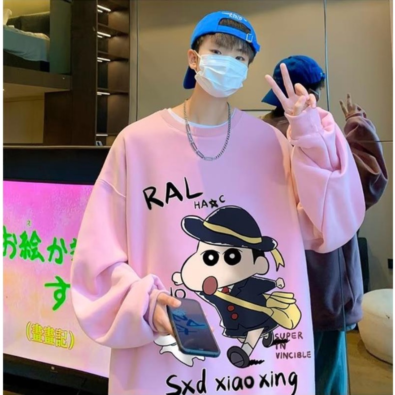Áo Nỉ Tay Dài Cổ Tròn In Hình Cậu Bé Bút Chì Shin Phong Cách Hàn Quốc Nhật Bản Cho Nam Và Nữ Plus Size M-5XL