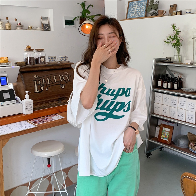 IELGY  IELGY Áo Thun Tay Ngắn Dáng Rộng In Chữ Phong Cách Mỹ Thời Trang Cho Nữ