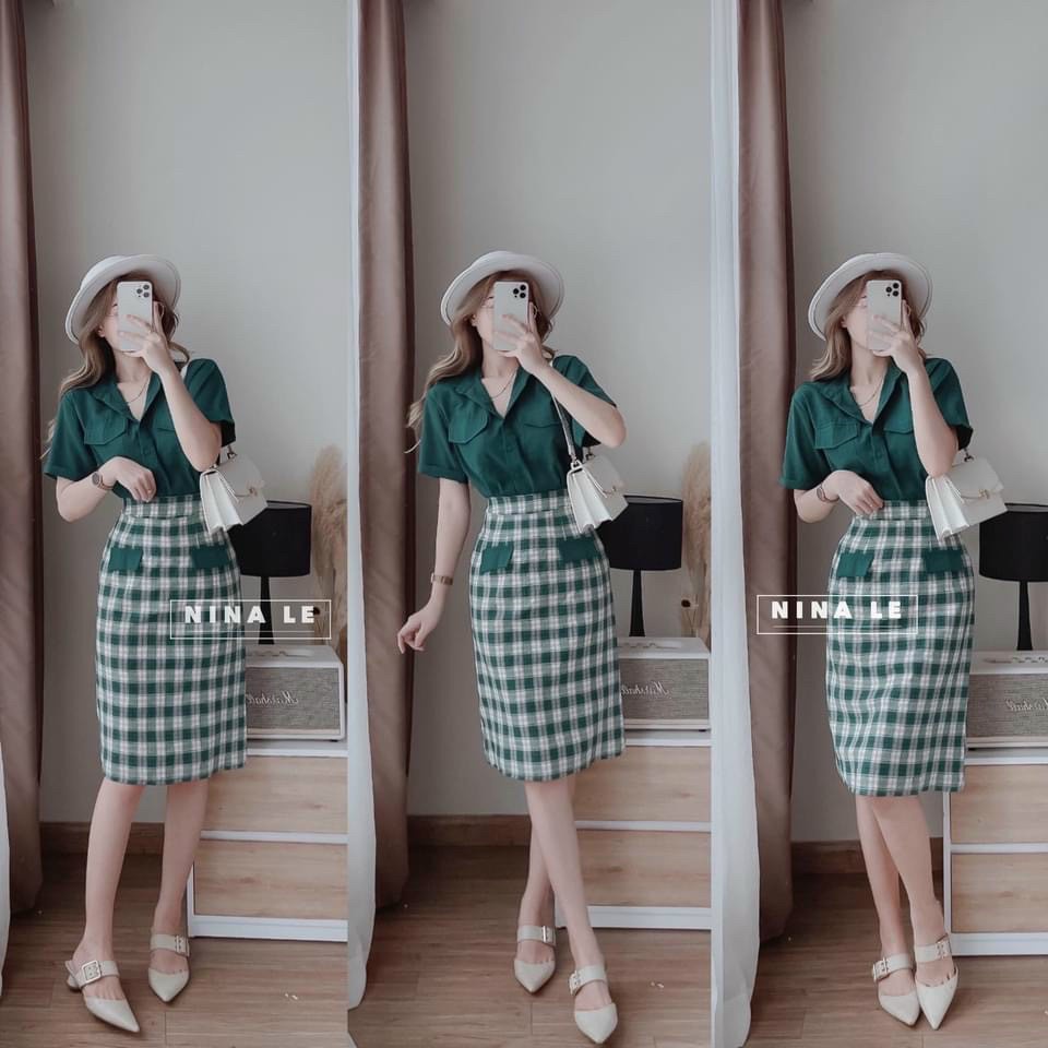 Set bộ nữ đẹp thời trang tiểu thư đi chơi chất đủi cổ sơ mi đính nút tay ngắn 2 túi váy bố caro dáng ôm siêu xinh