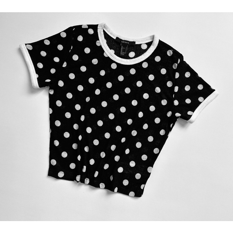 Áo croptop ôm thun bo voan nhẹ, mỏng, đen chấm bi to