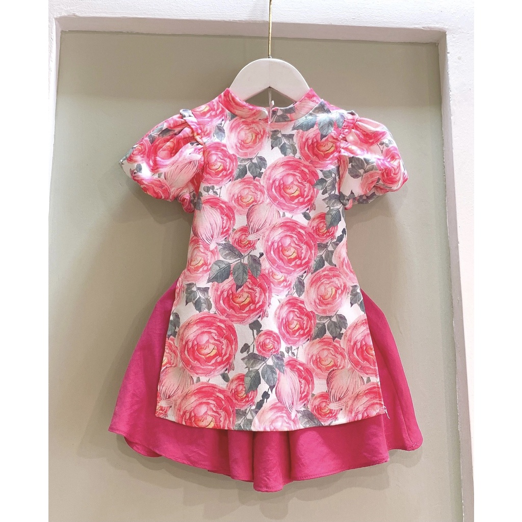 XẢ KHO LẺ SIZE {freeship} Áo dài cách tân bé gái tay phồng, chất nhung cao cấp phối váy lụa mềm, đủ size 8-26kg