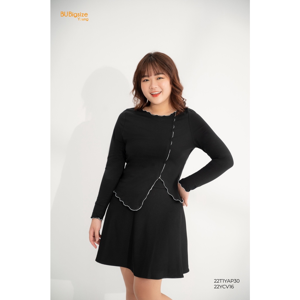 Áo thun cổ tròn nhún cuộn bèo trắng BIGSIZE (55kg đến 95kg) - 22T1YAP30 - [BU Bigsize Young]