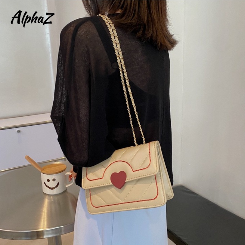 AlphaZ Túi Đeo Vai Hình Vuông Cỡ Nhỏ Bằng Da PU Họa Tiết Trái Tim Phối Dây Xích Kiểu Hàn Quốc Dễ Phối Đồ