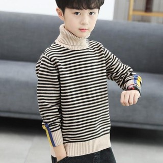 Áo len họa tiết kẻ sọc cổ cao lót nỉ ấm áp thời trang cho bé trai size lớn từ 18-38kg