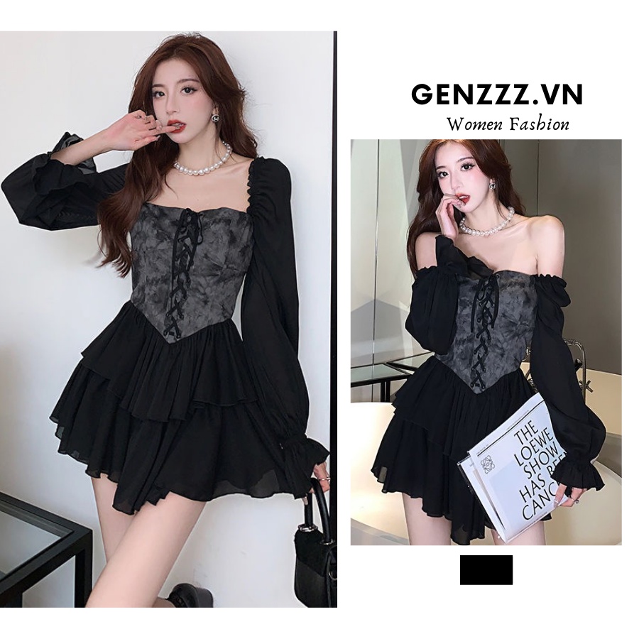 Đầm xòe tay phồng, hở vai, màu đen sang chảnh, phong cách tiểu thư, xinh xắn, váy nữ thời trang thu đông